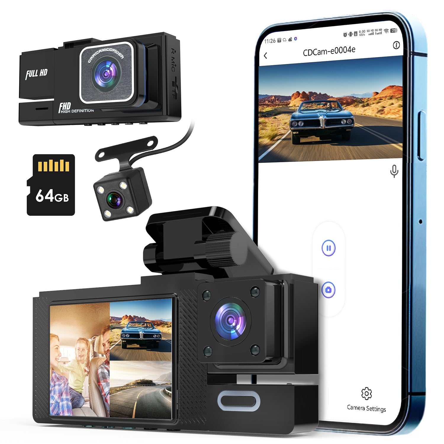 3-Channel WiFi Dash Cam 1080P Front, Rear & Inside