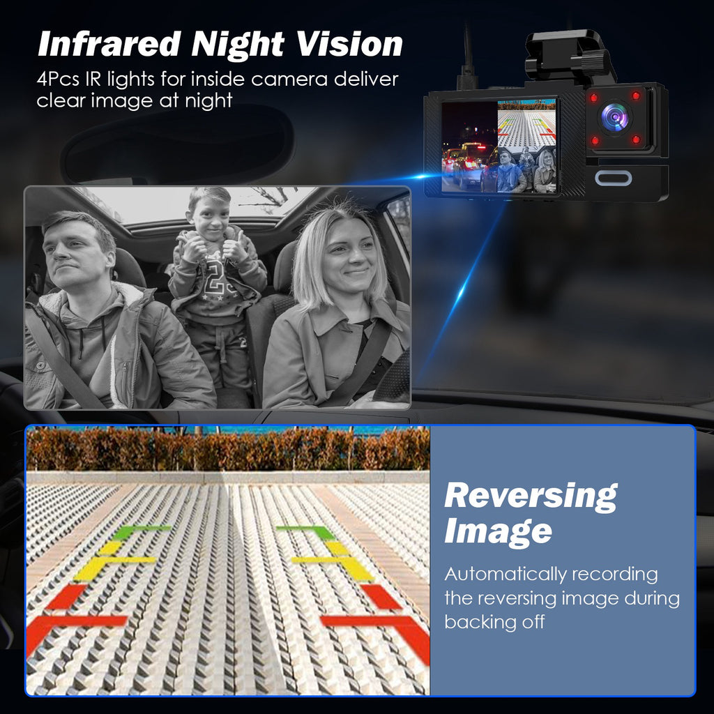 3-Channel WiFi Dash Cam 1080P Front, Rear & Inside