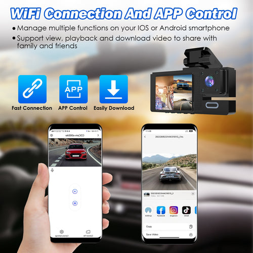 3-Channel WiFi Dash Cam 1080P Front, Rear & Inside