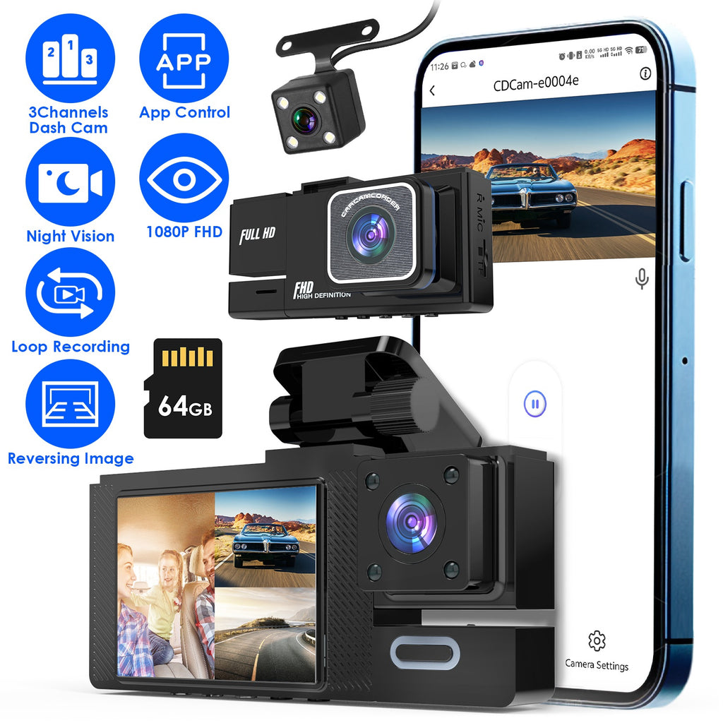 3-Channel WiFi Dash Cam 1080P Front, Rear & Inside