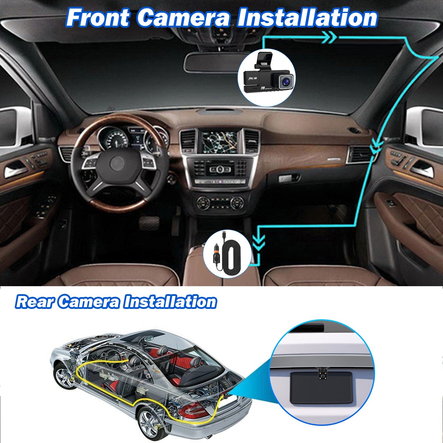 3-Channel WiFi Dash Cam 1080P Front, Rear & Inside